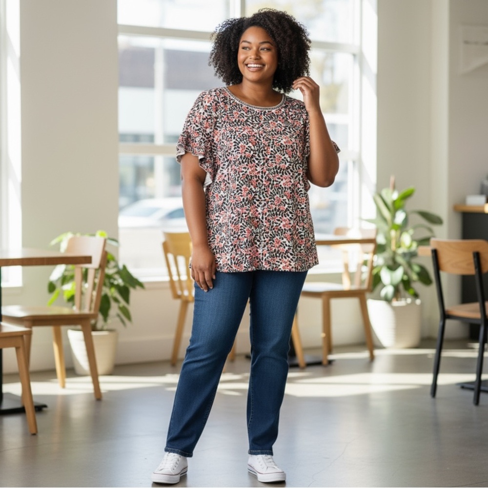 NWT Max Studio Women’s Floral Ruffle Short‎ Sleeve Tunic Top